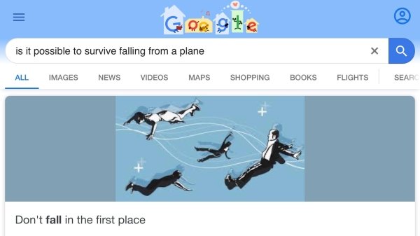 cartoon - Googte is it possible to survive falling from a plane Q All Images News Videos Maps Shopping Books Flights Searc Don't fall in the first place