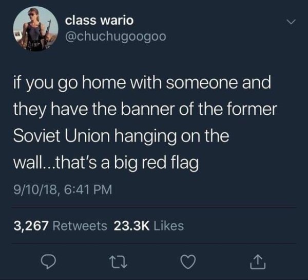 puns with the number 9 - class wario if you go home with someone and they have the banner of the former Soviet Union hanging on the wall...that's a big red flag 91018, 3,267