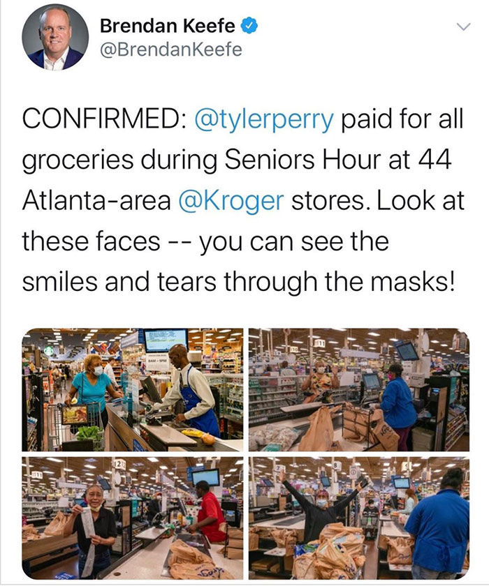 Brendan Keefe Keefe Confirmed paid for all groceries during Seniors Hour at 44 Atlantaarea stores. Look at these faces you can see the smiles and tears through the masks!