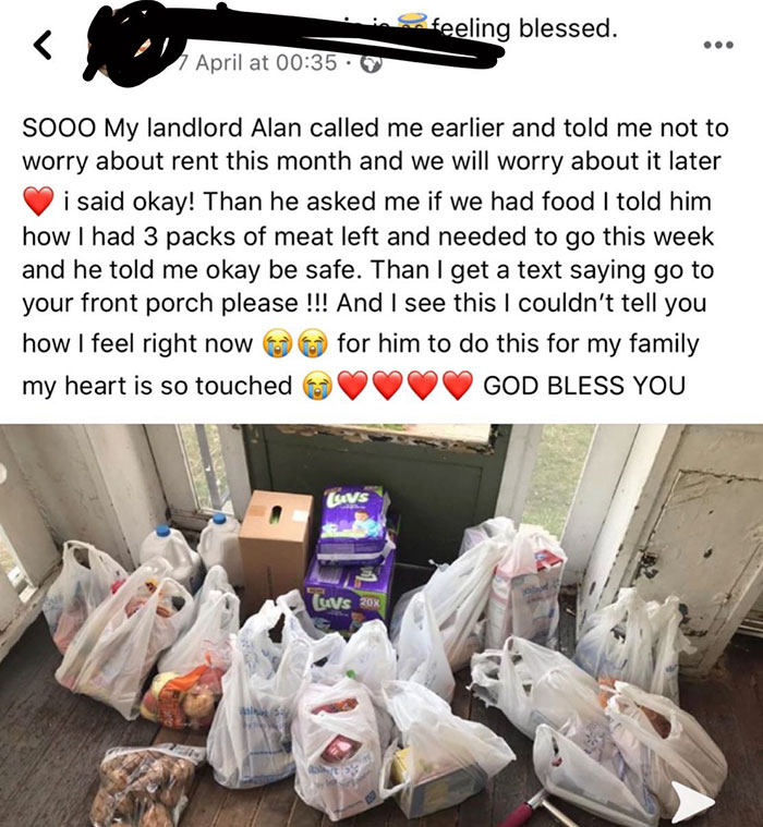 plastic - feeling blessed. April at Sooo My landlord Alan called me earlier and told me not to worry about rent this month and we will worry about it later i said okay! Than he asked me if we had food I told him how I had 3 packs of meat left and needed t