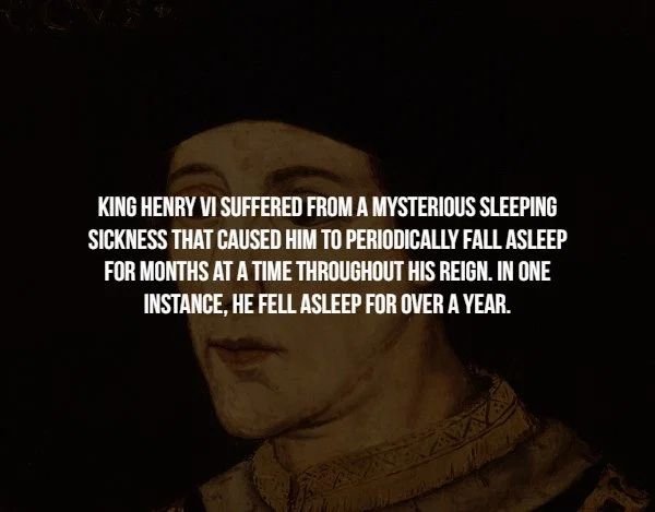 head - King Henry Vi Suffered From A Mysterious Sleeping Sickness That Caused Him To Periodically Fall Asleep For Months At A Time Throughout His Reign. In One Instance, He Fell Asleep For Over A Year.