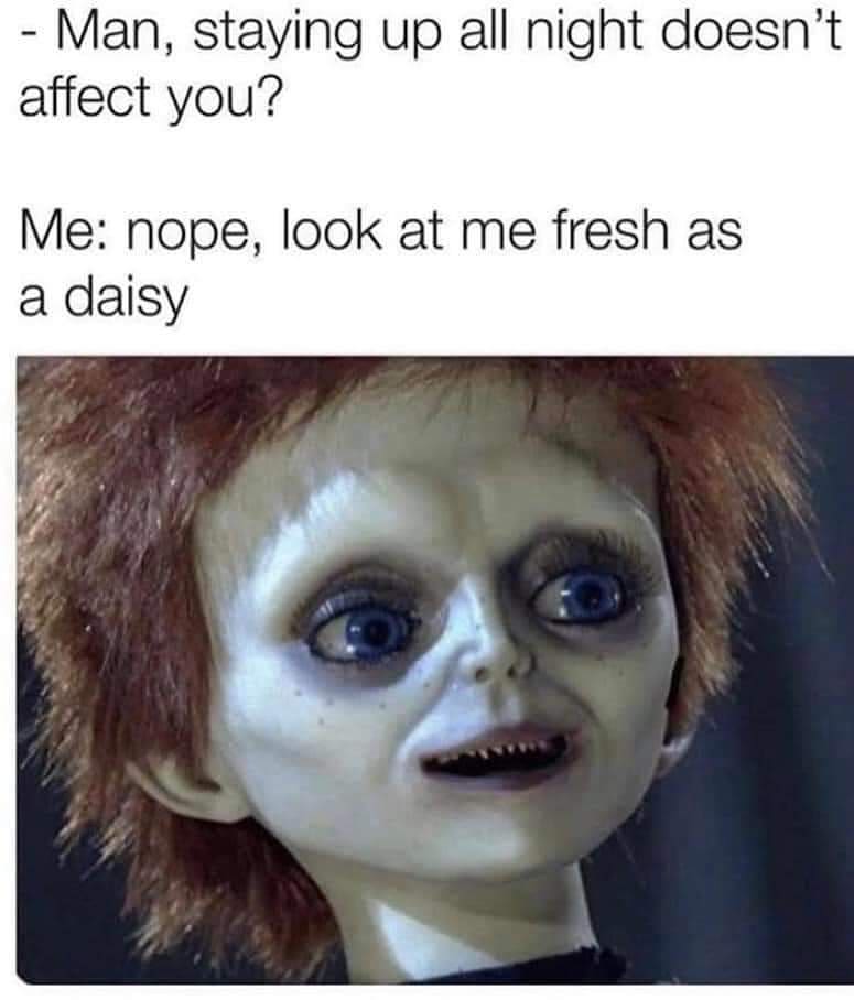 relatable memes - Man, staying up all night doesn't affect you? Me nope, look at me fresh as a daisy