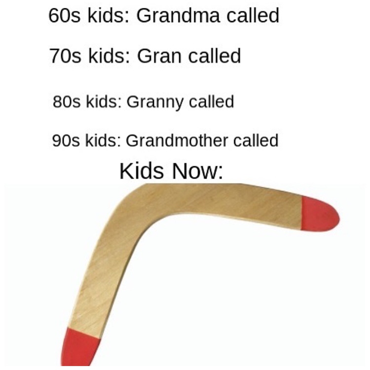 boomer rang - 60s kids Grandma called 70s kids Gran called 80s kids Granny called 90s kids Grandmother called Kids Now