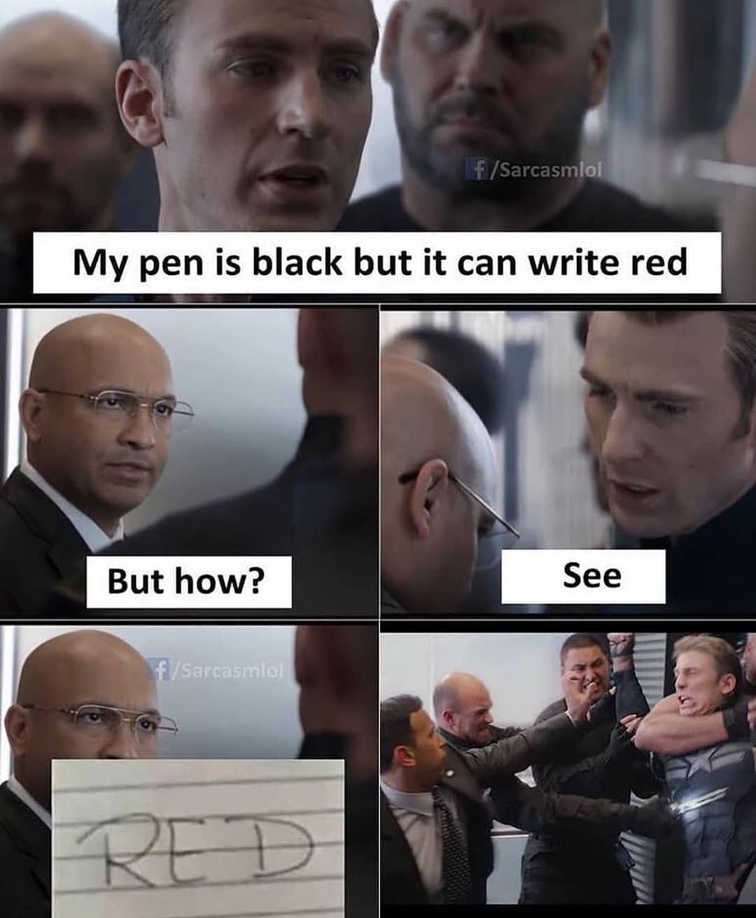 bad joke captain america meme - FSarcasmlol My pen is black but it can write red But how? See FSarcasmlol Red