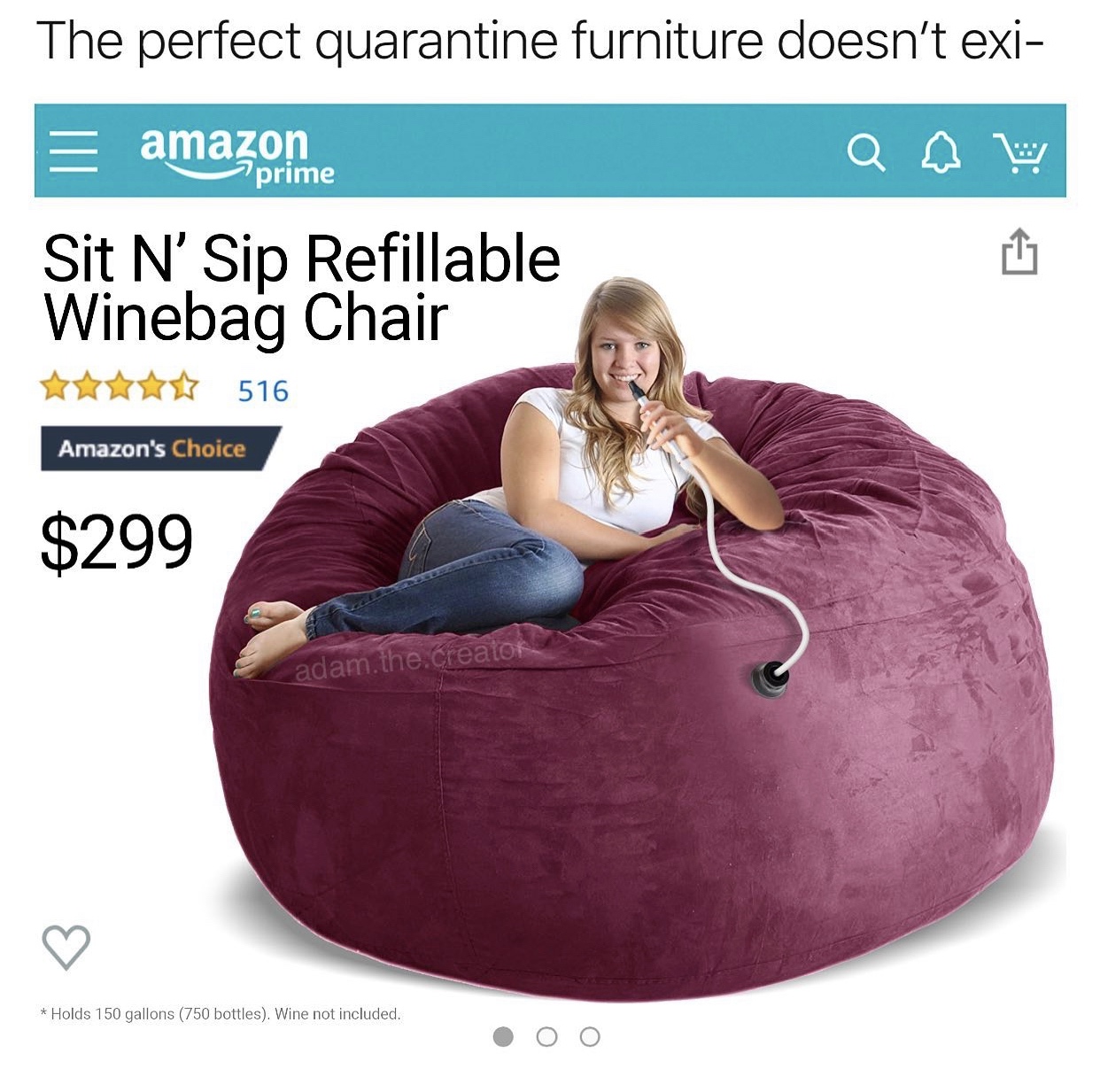Bean bag chair - The perfect quarantine furniture doesn't exi amazome Sit N'Sip Refillable Winebag Chair Xxxx 516 Amazon's Choice $299 adam.the creator Holds 150 gallons 750 bottles. Wine not included. Oo