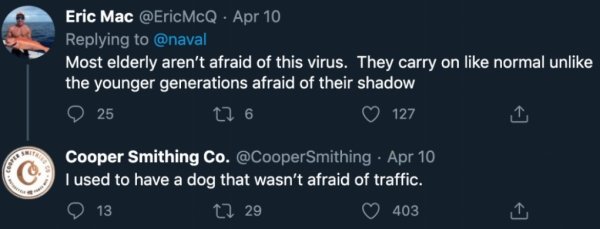 screenshot - Eric Mac Apr 10 Most elderly aren't afraid of this virus. They carry on normal un the younger generations afraid of their shadow 25 126 127 Cooper Smithing Co. Apr 10 I used to have a dog that wasn't afraid of traffic. 13 t2 29 403