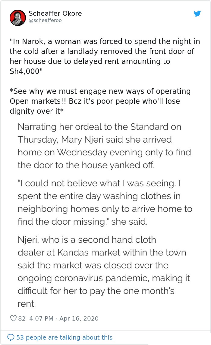 document - Scheaffer Okore "In Narok, a woman was forced to spend the night in the cold after a landlady removed the front door of her house due to delayed rent amounting to Sh4,000" See why we must engage new ways of operating Open markets!! Bcz it's poo