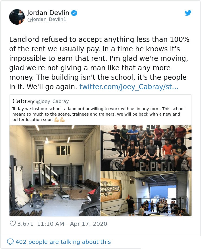 Jordan Devlin Devlini Landlord refused to accept anything less than 100% of the rent we usually pay. In a time he knows it's impossible to earn that rent. I'm glad we're moving, glad we're not giving a man that any more money. The building isn't the…