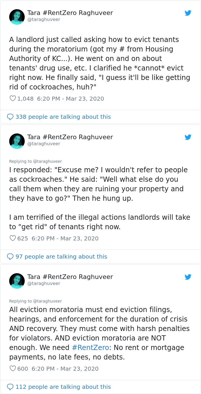 screenshot - Tara Raghuveer A landlord just called asking how to evict tenants during the moratorium got my # from Housing Authority of Kc.... He went on and on about tenants' drug use, etc. I clarified he cannot evict right now. He finally said, "I guess