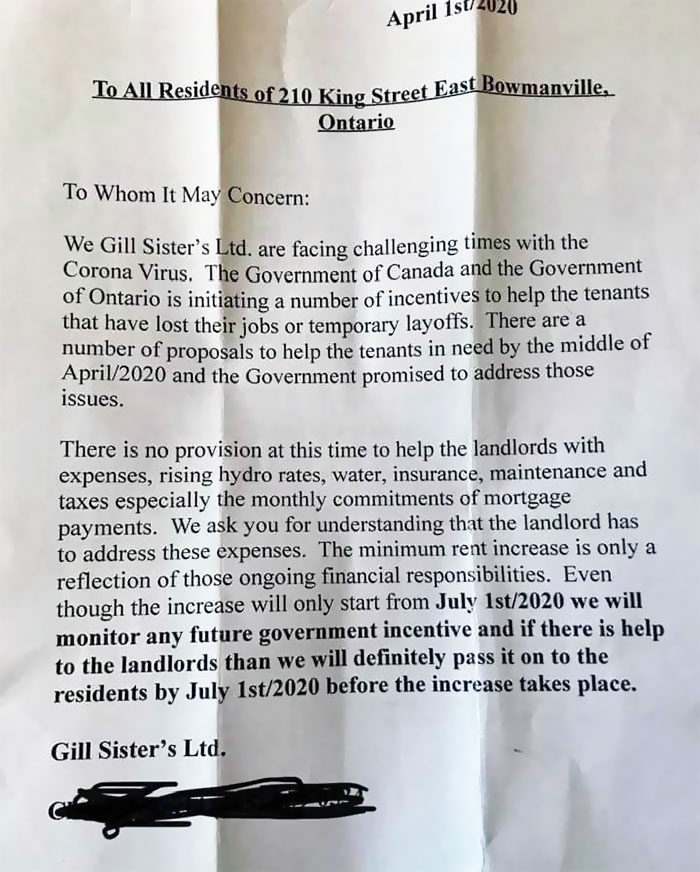 phantom poem - April 1st2020 To All Residents of 10 Kin Street East Bowmanville, Ontario To Whom It May Concern We Gill Sister's Ltd. are facing challenging times w Corona Virus. The Government of Canada and the Government of Ontario is initiating a numbe