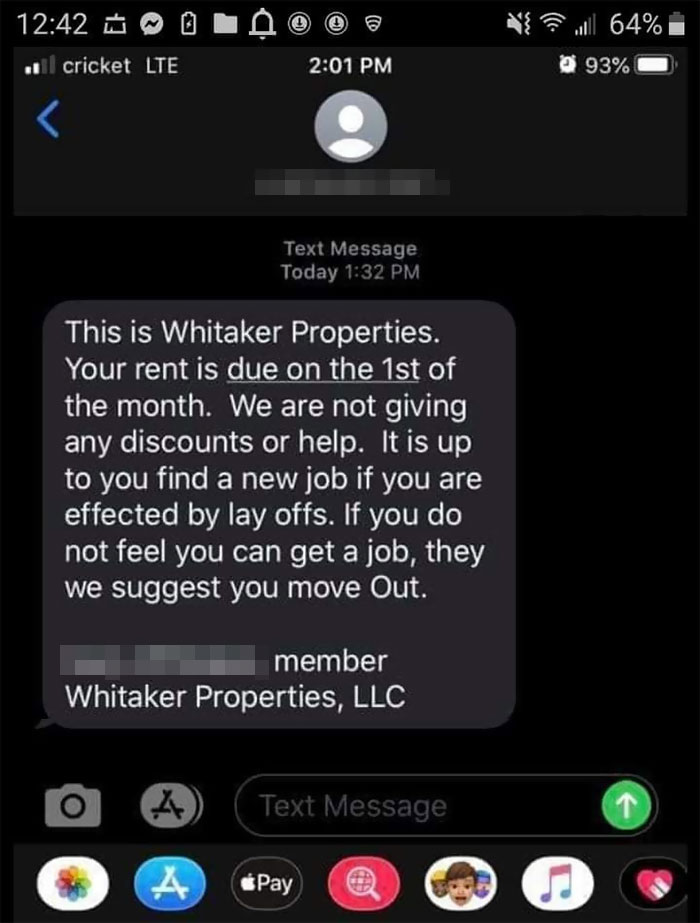 gabriel fernandez text messages - O til cricket Lte O @ @ Mul 64% 93% 0 Text Message Today This is Whitaker Properties. Your rent is due on the 1st of the month. We are not giving any discounts or help. It is up to you find a new job if you are effected b