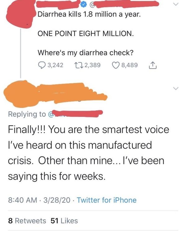 diagram - a Diarrhea kills 1.8 million a year. One Point Eight Million. Where's my diarrhea check? 93,242 172,389 8,4891 co Finally!!! You are the smartest voice I've heard on this manufactured crisis. Other than mine... I've been saying this for weeks. 3