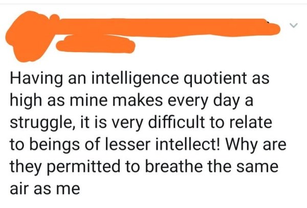 orange - Having an intelligence quotient as high as mine makes every day a struggle, it is very difficult to relate to beings of lesser intellect! Why are they permitted to breathe the same air as me