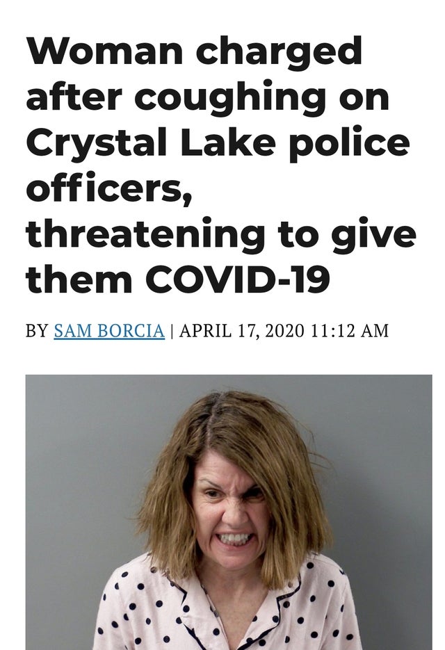 head - Woman charged after coughing on Crystal Lake police officers, threatening to give them Covid19 By Sam Borcia |
