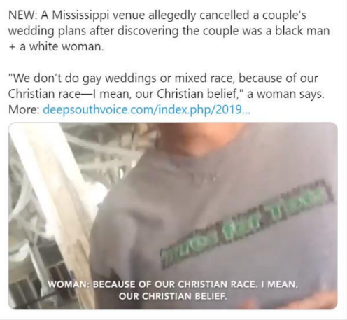jaw - New A Mississippi venue allegedly cancelled a couple's wedding plans after discovering the couple was a black man a white woman. "We don't do gay weddings or mixed race, because of our Christian race mean, our Christian belief," a woman says. More…