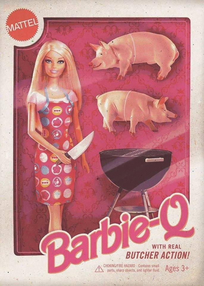 funny pics and memes - barbie q  Mattel Rtdi With Real Butcher Action! ChokingFire Hazard Contains small parts, sharp objects, and lighter fluid.