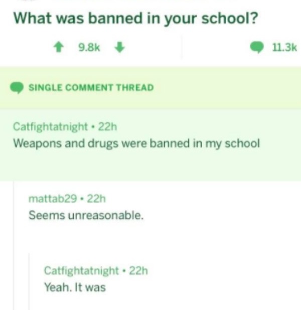 avoiding pitfalls - What was banned in your school? Single Comment Thread Catfightatnight .22h Weapons and drugs were banned in my school mattab29. 22h Seems unreasonable. Catfightatnight. 22h Yeah. It was