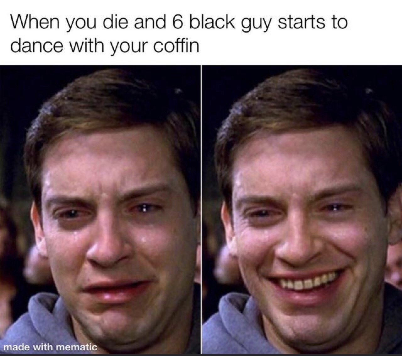 crying peter parker - When you die and 6 black guy starts to dance with your coffin made with mematic