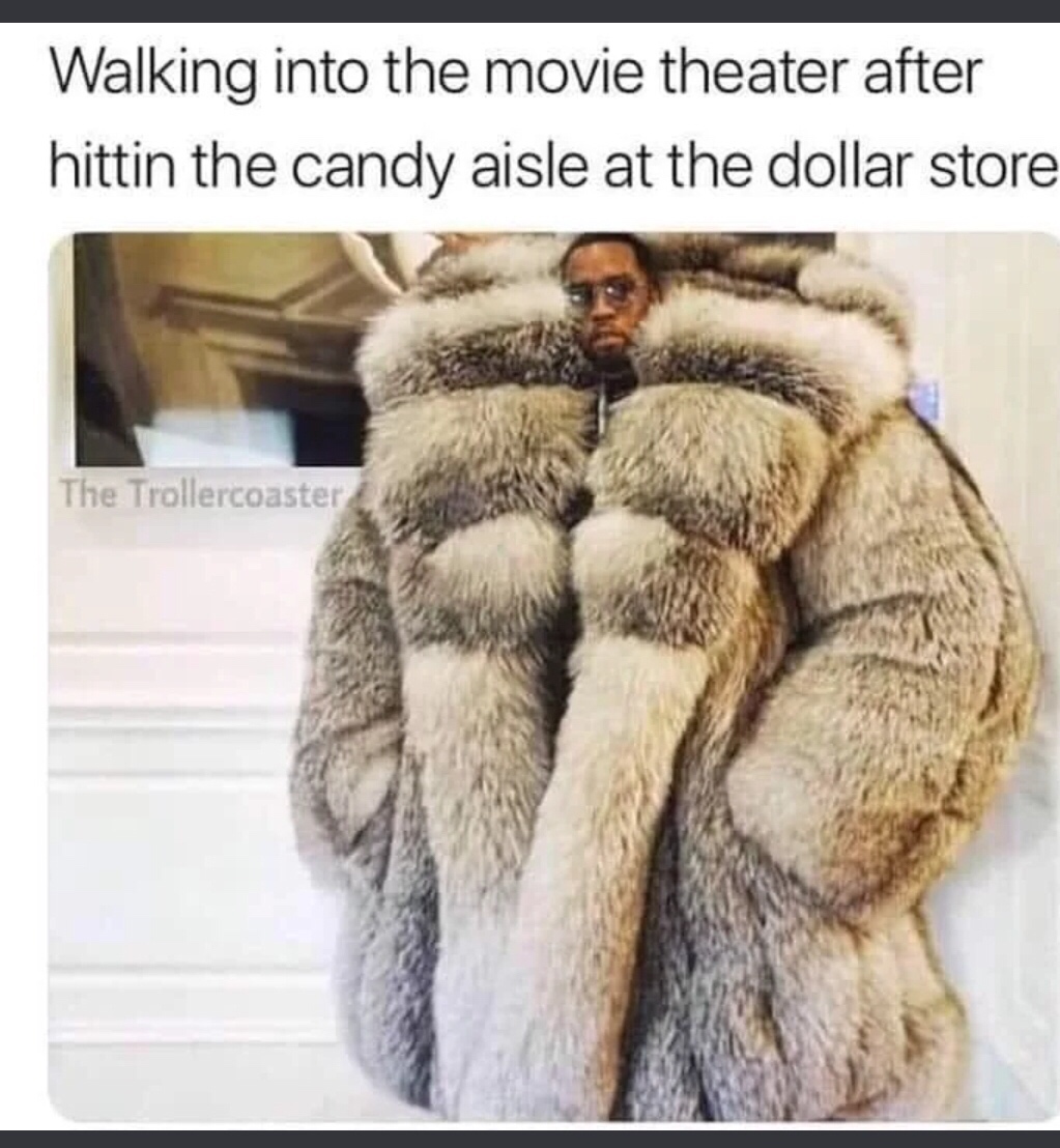 p diddy fur coat - Walking into the movie theater after hittin the candy aisle at the dollar store The Trollercoaster