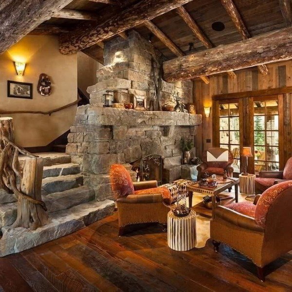 rustic living rooms with fireplace and stairs