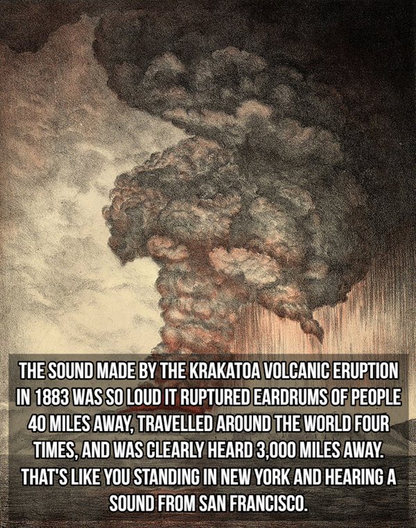 krakatoa 1883 - The Sound Made By The Krakatoa Volcanic Eruption In 1883 Was So Loud It Ruptured Eardrums Of People 40 Miles Away, Travelled Around The World Four Times, And Was Clearly Heard 3,000 Miles Away. That'S You Standing In New York And Hearing A