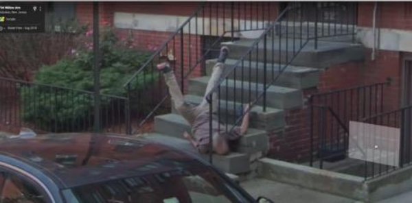perfectly timed photos - google maps man falling down stairs