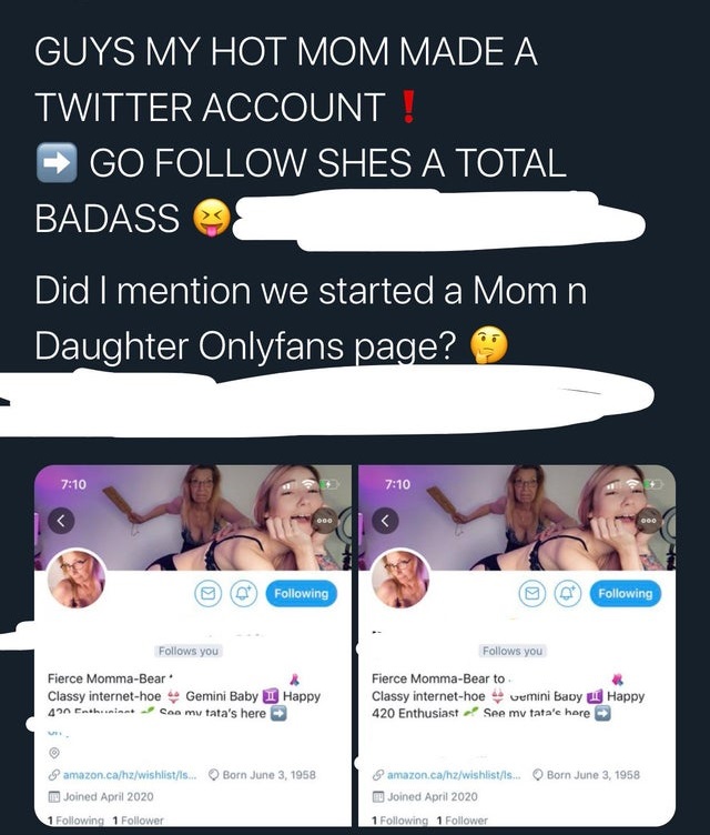 media - Guys My Hot Mom Made A Twitter Account ! Go Shes A Total Badass S Did I mention we started a Mom n Daughter Onlyfans page? ing ing s you s you Fierce MommaBear Classy internethoe Gemini Baby I Happy 4on Enthina Con mu tata's here Fierce MommaBear 
