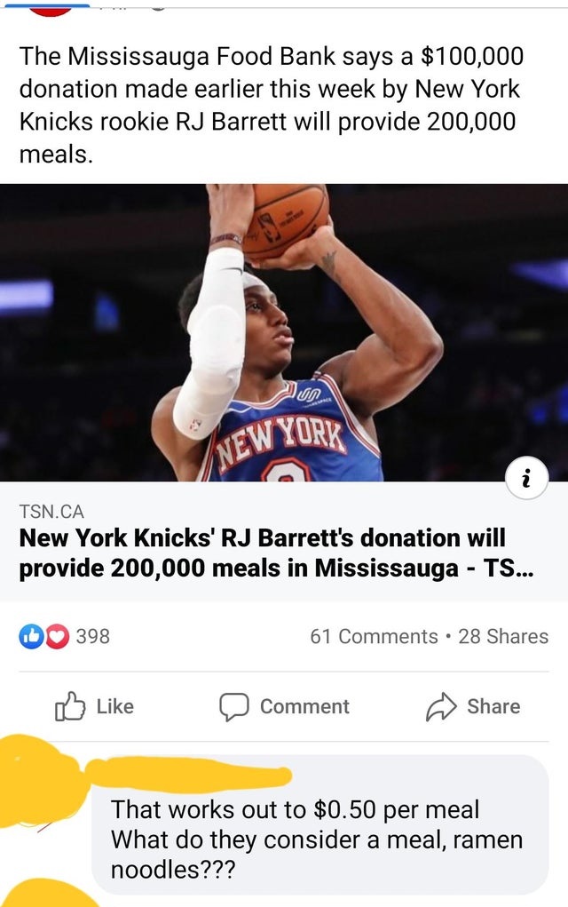 muscle - The Mississauga Food Bank says a $100,000 donation made earlier this week by New York Knicks rookie Rj Barrett will provide 200,000 meals. von New York Tsn.Ca New York Knicks' Rj Barrett's donation will provide 200,000 meals in Mississauga Ts... 