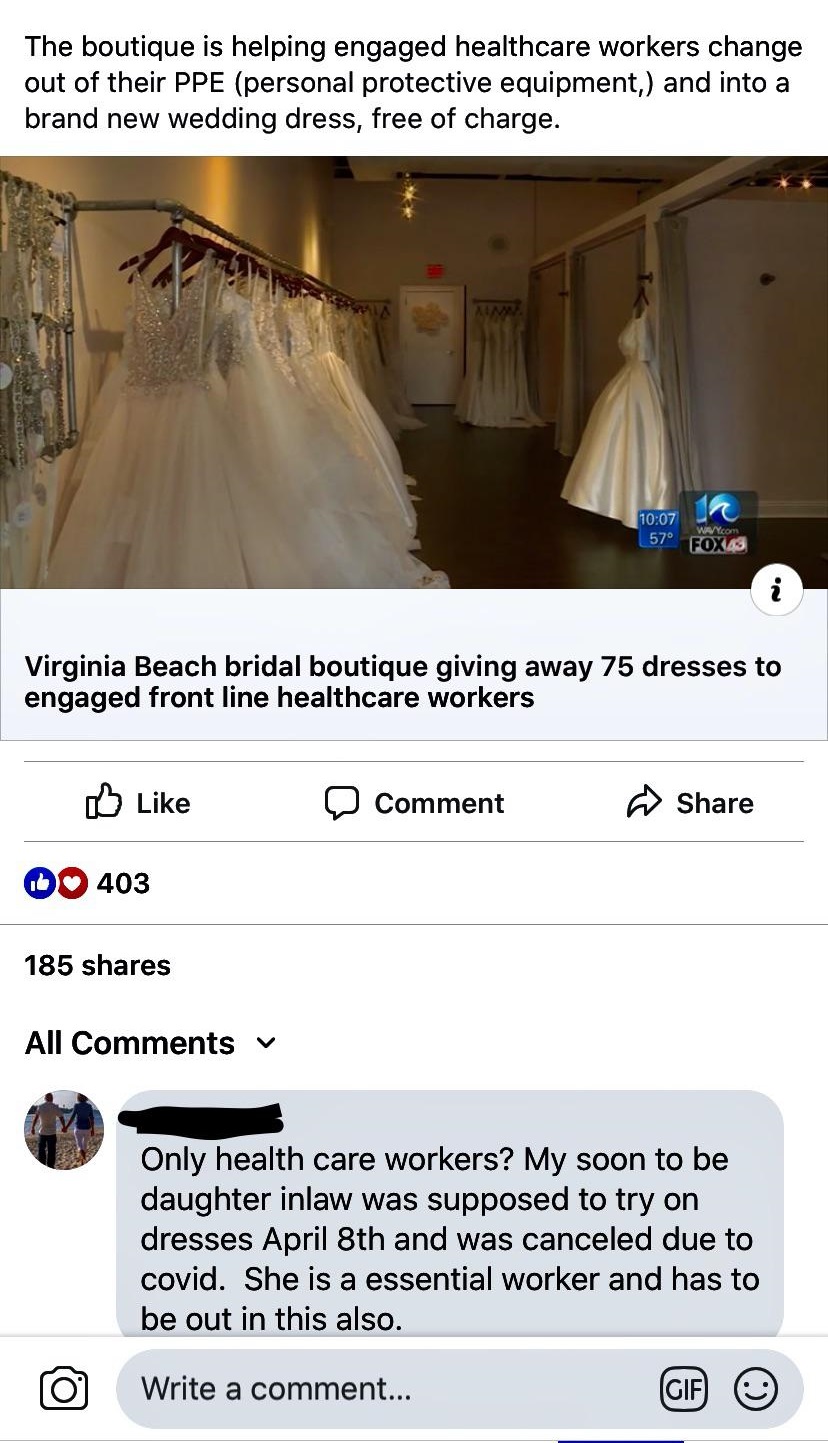 floor - The boutique is helping engaged healthcare workers change out of their Ppe personal protective equipment, and into a brand new wedding dress, free of charge. W com 57 Fox 48 Virginia Beach bridal boutique giving away 75 dresses to engaged front li