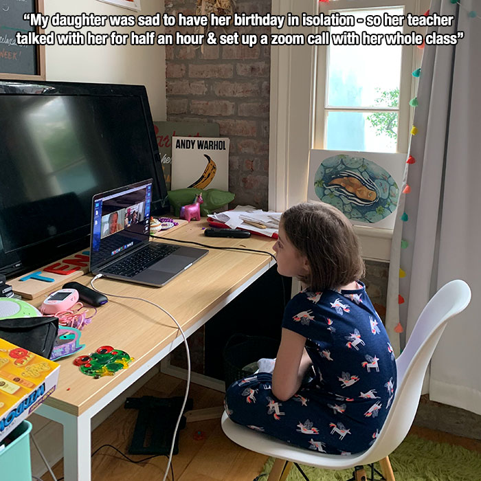 desk - "My daughter was sad to have her birthday in isolation So her teacher melost talked with her for half an hour & set up a zoom call with her whole class Neer! Andy Warhol