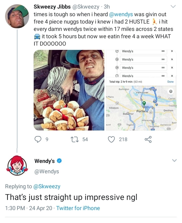 web page - Skweezy Jibbs 3h times is tough so when i heard was givin out free 4 piece nuggs today i knew i had 2 Hustle i hit every damn wendys twice within 17 miles across 2 states it took 5 hours but now we eatin free 4 a week What It DOO0000 6 Wendy's 