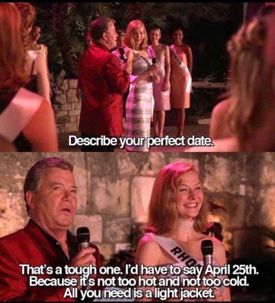 describe perfect date - Describe your perfect date. That's a tough one. I'd have to say April 25th. Because it's not too hot and not too cold. All you need is a light jacket.