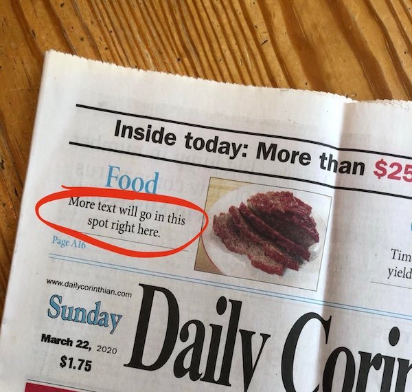 Inside today More than $25 Food More text will go in this spot right here. Page A16 Tim yield Sunday Sander Daily Corin $1.75