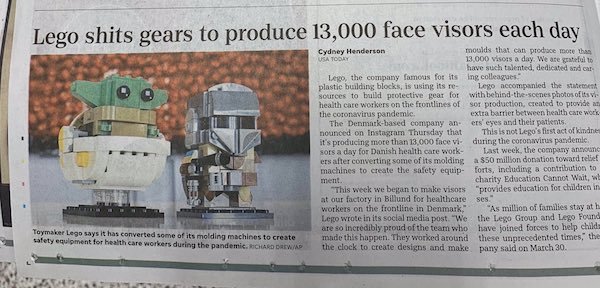 Lego shits gears to produce 13,000 face visors each day O9 Cydney Henderson moulds that can produce more than 13.000 visors a day. We are fito have such talented, dedicated and car Lego, the company famous for its ing colleagues plastic building blocks, i