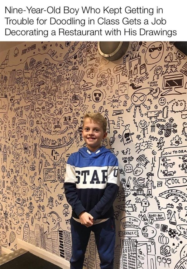 kid doodles restaurant - NineYearOld Boy Who Kept Getting in Trouble for Doodling in Class Gets a Job Decorating a Restaurant with His Drawings