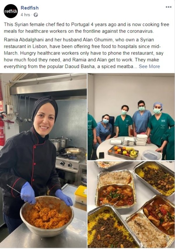 This Syrian female chef fled to Portugal 4 years ago and is now cooking free meals for healthcare workers on the frontline against the coronavirus. Ramia Abdalghani and her husband Alan Ghumim, who own a Syrian restaurant in Lisbon, have been offering fre