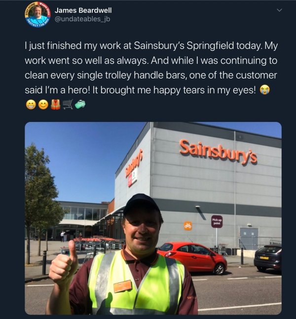 I just finished my work at Sainsbury's Springfield today. My work went so well as always. And while I was continuing to clean every single trolley handle bars, one of the customer said I'm a hero! It brought me happy tears