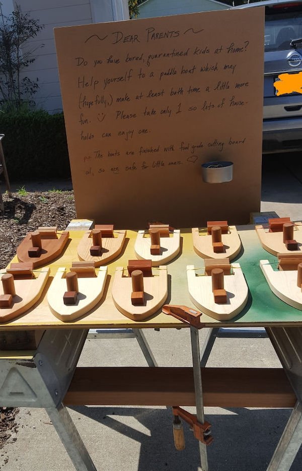 table - Dear Parents Do you have bored, quarantined kids at home? Help yourself to a paddle boat which may hopefully make at least bath time a little more fun. Please take only 1 so lots of house holds can enjoy one. The boats are finished with food grade