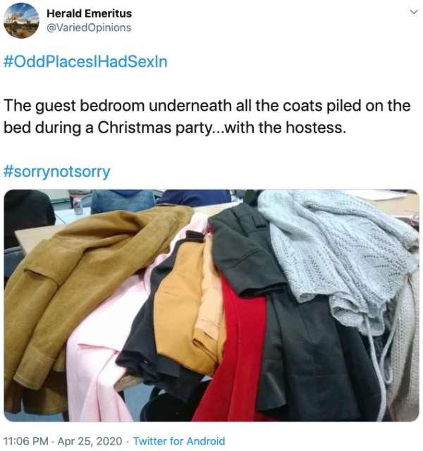 shoulder - Herald Emeritus Opinions The guest bedroom underneath all the coats piled on the bed during a Christmas party...with the hostess. Twitter for Android
