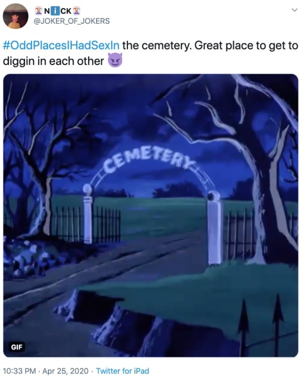 screenshot - Oni Ck the cemetery. Great place to get to diggin in each others Emeter Gif . . Twitter for iPad