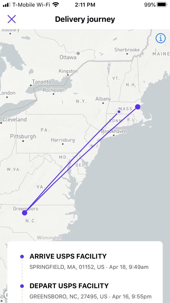 map - 99% ..ll TMobile WiFi Delivery journey Suuuury Sherbrooke Maine Ottawa Kingston V Toronto Rochester N.H. London N.Y. Albany Mass Cleveland Zony Ri . 5 Brookhaven Pittsburgh Harrisburg 2 Md. Del. W.Va. Green ooro N.C. Wilmington Arrive Usps Facility…