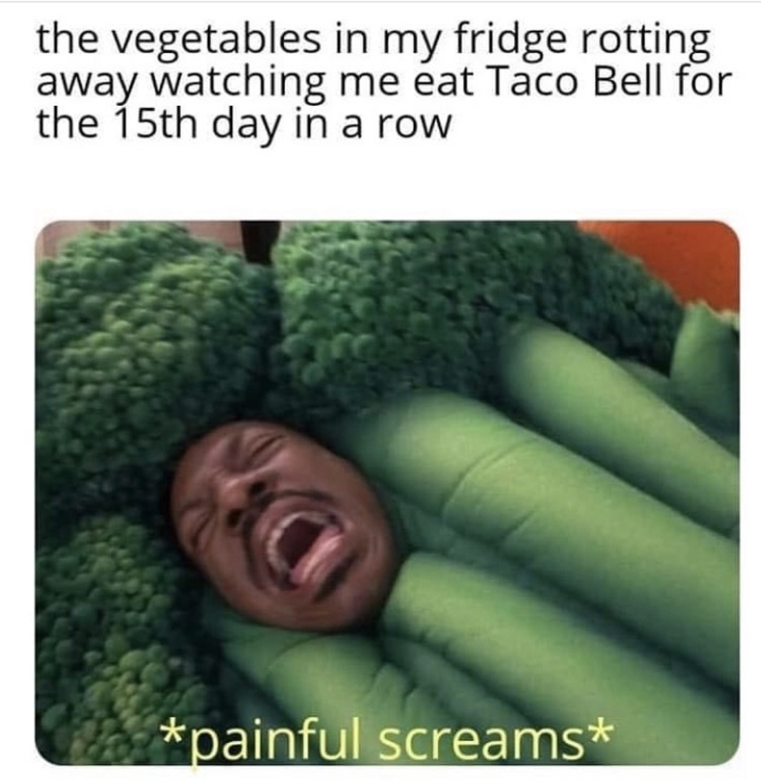 eddie murphy broccoli meme - the vegetables in my fridge rotting away watching me eat Taco Bell for the 15th day in a row 20 painful screams