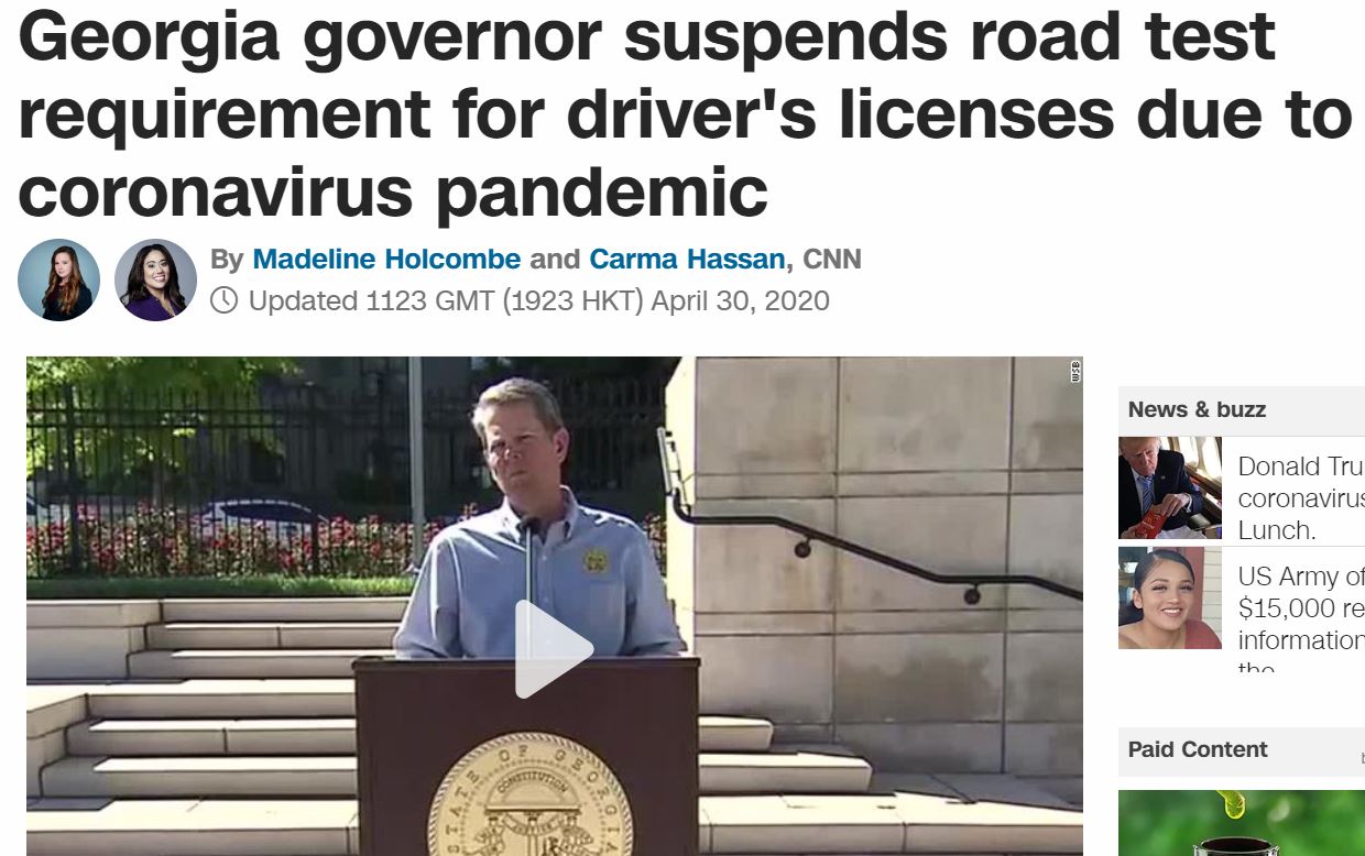 presentation - Georgia governor suspends road test requirement for driver's licenses due to coronavirus pandemic By Madeline Holcombe and Carma Hassan, Cnn Updated 1123 Gmt 1923 Hkt News & buzz Donald Tru coronavirus Lunch. Us Army of $15,000 re informati