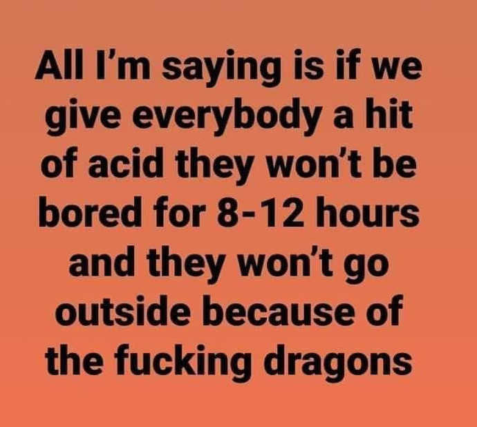 orange - All I'm saying is if we give everybody a hit of acid they won't be bored for 812 hours and they won't go outside because of the fucking dragons