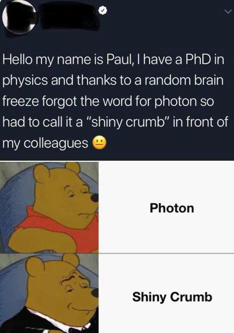 cartoon - Hello my name is Paul, I have a PhD in physics and thanks to a random brain freeze forgot the word for photon so had to call it a "shiny crumb" in front of my colleagues Photon Shiny Crumb