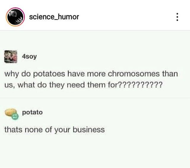 document - science_humor 4soy why do potatoes have more chromosomes than us, what do they need them for?????????? potato thats none of your business