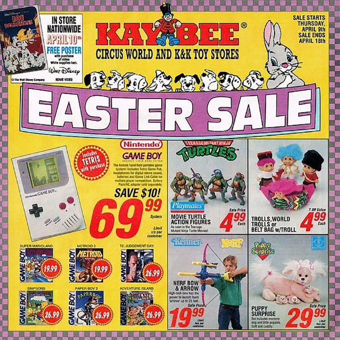KB Toys - Do 9. Mars on In Store Nationwide April 10" Free Poster Sale Starts Thursday April 9th Sale Ends April 18th Snc Circus World And K&K Toy Stores Why Disney Dve Video One Easter Sale 1 Ace Mutantaina ulatus Nintendo Game Boy Tetris . . The Manheim