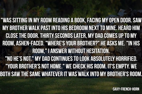 nature - "Was Sitting In My Room Reading A Book, Facing My Open Door. Saw My Brother Walk Past Into His Bedroom Next To Mine, Heard Him Close The Door. Thirty Seconds Later, My Dad Comes Up To My Room, AshenFaced. "Where'S Your Brother?" He Asks Me. "In H