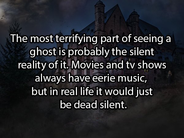 atmosphere - The most terrifying part of seeing a ghost is probably the silent reality of it. Movies and tv shows always have eerie music, but in real life it would just be dead silent.