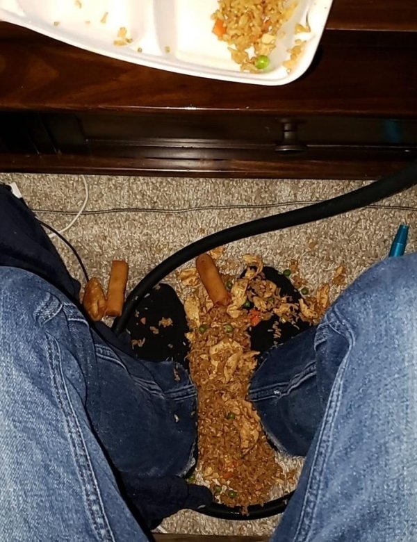 man spilled chinese food on himself